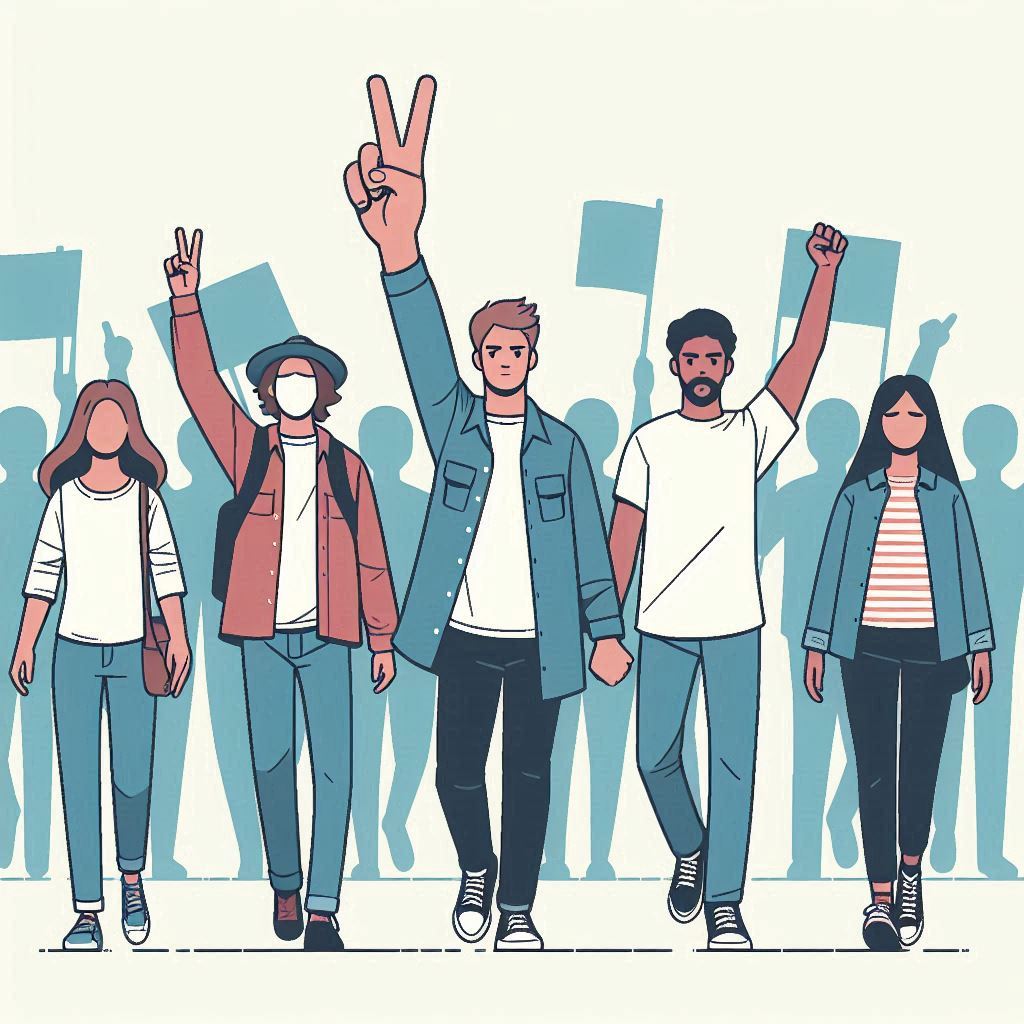 5 jóvenes marchando en defensa de sus derechos, uno al centro alza su mano derecha haciendo la seña de los dos dedos en V en señal de victoria, alegres, imagen simple y estilizada, con líneas claras y 5 jóvenes marchando en defensa de sus derechos, uno al centro alza su mano derecha haciendo la seña de los dos dedos en V en señal de victoria, alegres, imagen simple y estilizada, con líneas claras y